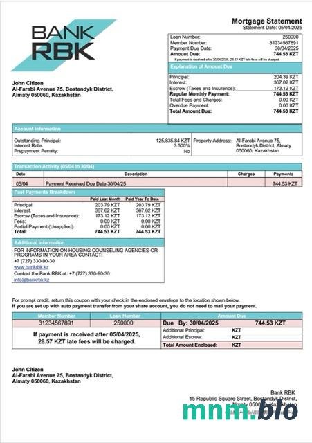 Kazachstan Bank RBK wyciąg z kredytu hipotecznego szablon Word i PDF